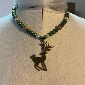 Handmade Elegant Green and Gold Reindeer Pendant Necklace